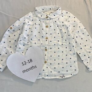 Zara White and Blue Button Down Shirt with Polka Dots